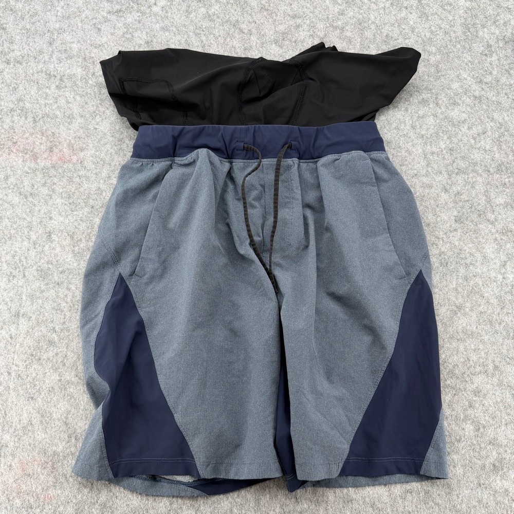 Lululemon Mens Athletic Training Shorts Grey Navy Blue Drawstring 9 Inch Inseam - Picture 10 of 11